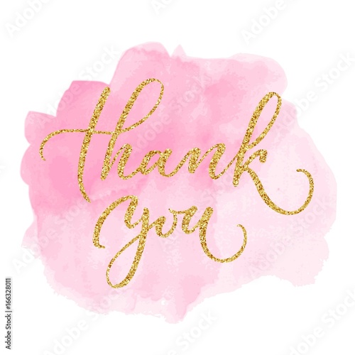 Hand lettering thank you, golden glitter effect, isolated on pink hand drawn watercolor background. Vector illustration. Modern calligraphy, can be used for card design.