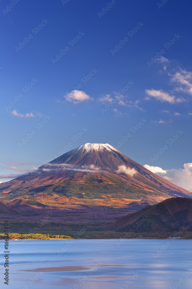 Mount Fuji and Lake Motosu, Japan on a clear afternoon