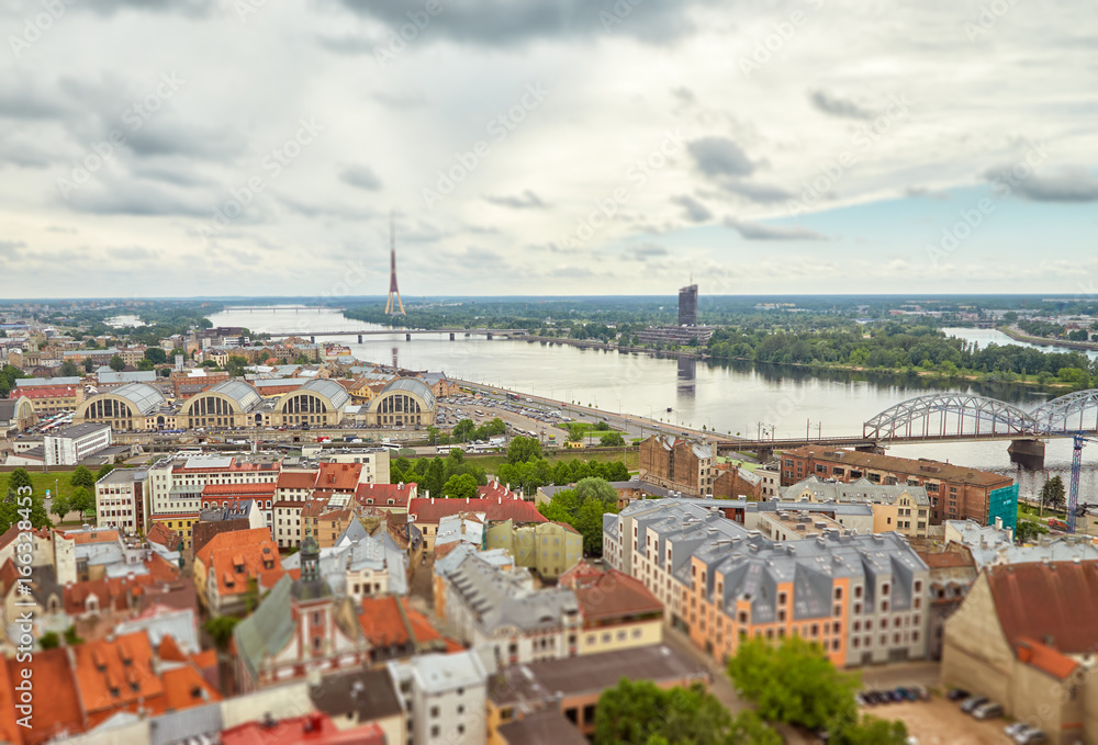 Panoramic view of Riga with the effect of a tilt shift lens