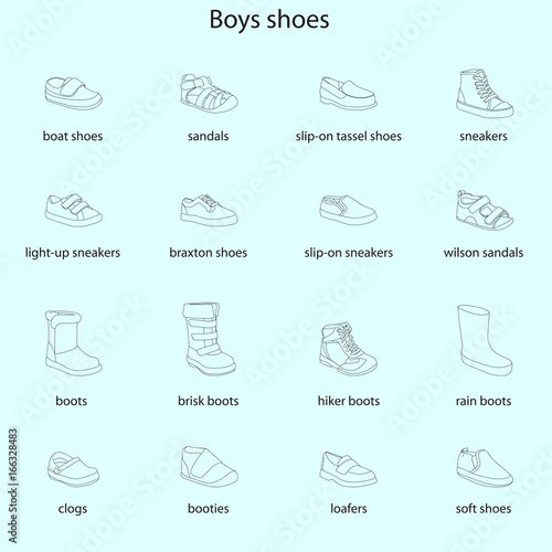 Boys shoes, set, collection of fashion footwear with names. Baby, kid, child, childhood. Vector design isolated illustration. Black outlines, blue background.
