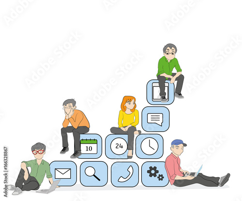 Young men and women sitting on mobile application icons and using a smartphone and laptop to read news and text messages for friends. Flat concept illustration of application dependency. vector 