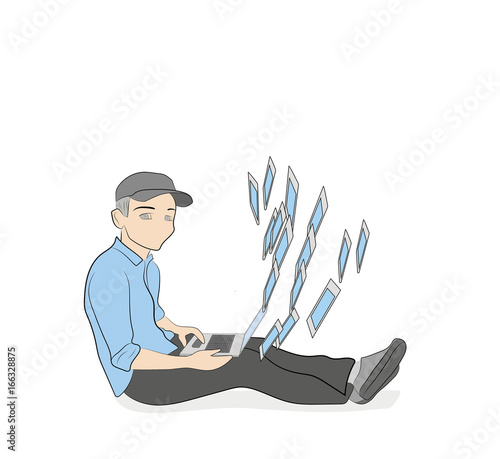 A young man with a laptop examines photos in social networks. The concept of communication in social networks. vector illustration.