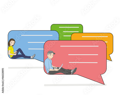 Chat talk addiction concept illustration of young people using smartphones for sending messages to each other via messenger. Flat guy and woman sitting on the big speech bubbles and typing messages 
