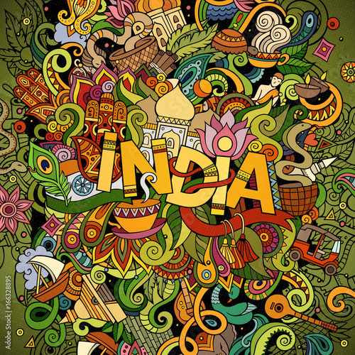 Cartoon cute doodles hand drawn India inscription
