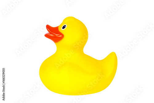 Yellow plastic rubber duck cut out on and isolated on a white background