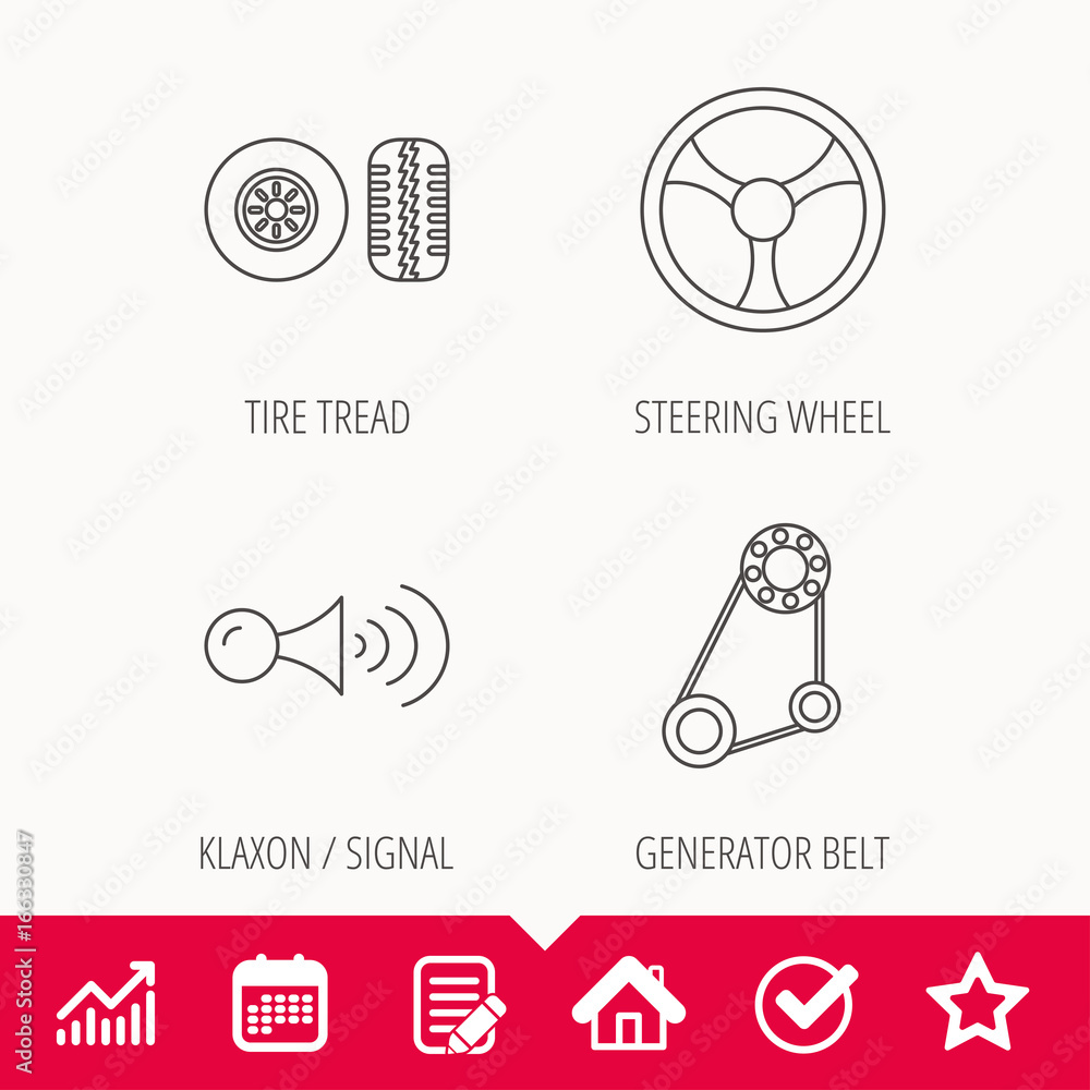 Klaxon signal, tire tread and steering wheel icons. Generator belt linear sign. Edit document, Calendar and Graph chart signs. Star, Check and House web icons. Vector Klaxon signal, tire tread and steering wheel icons. Generator belt linear sign. Edit document, Calendar and Graph chart signs. Star, Check and House web icons. Vector