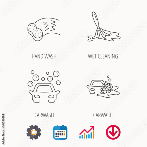 Car wash icons. Automatic cleaning station linear signs. Hand wash  sponge flat line icons. Calendar  Graph chart and Cogwheel signs. Download colored web icon. Vector