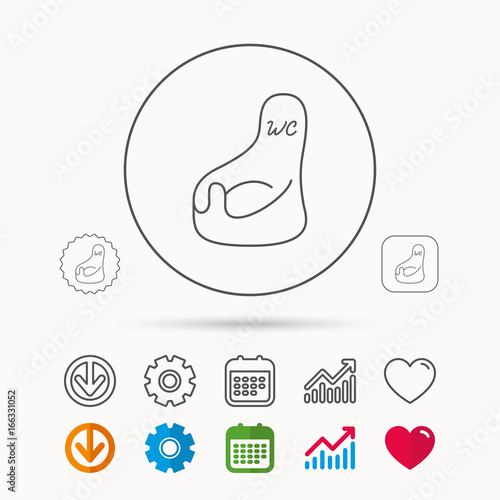 Baby wc icon. Child toilet sign. Washroom or lavatory symbol. Calendar, Graph chart and Cogwheel signs. Download and Heart love linear web icons. Vector