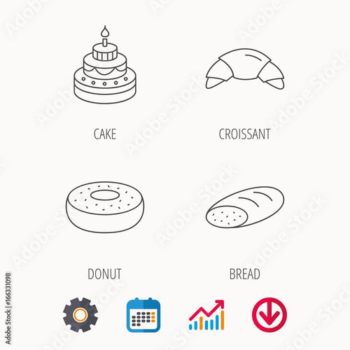 Croissant, cake and bread icons. Sweet donut linear sign. Calendar, Graph chart and Cogwheel signs. Download colored web icon. Vector