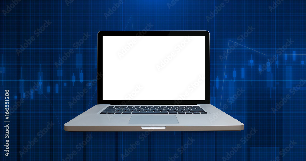 Laptop with Blank White Screen on Stock market financial analysis indicator background Laptop with Blank White Screen on Stock market financial analysis indicator background