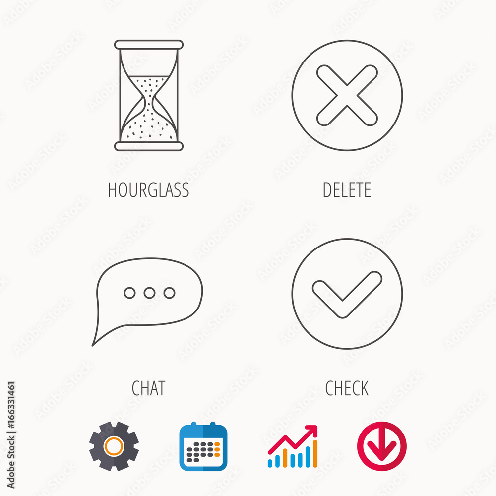 Fototapeta premium Chat speech bubble, hourglass and check icons. Delete, remove and tick linear signs. Calendar, Graph chart and Cogwheel signs. Download colored web icon. Vector