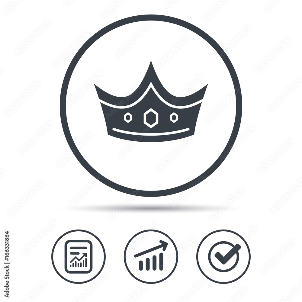 Crown icon. Royal throne leader symbol. Report document, Graph chart and Check signs. Circle web buttons. Vector Crown icon. Royal throne leader symbol. Report document, Graph chart and Check signs. Circle web buttons. Vector