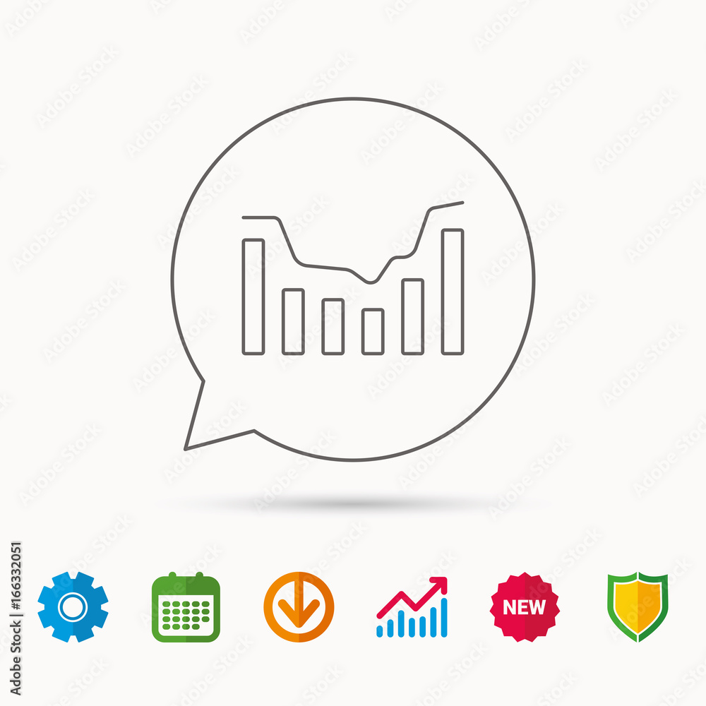 Dynamics icon. Statistic chart sign. Growth infochart symbol. Calendar, Graph chart and Cogwheel signs. Download and Shield web icons. Vector Dynamics icon. Statistic chart sign. Growth infochart symbol. Calendar, Graph chart and Cogwheel signs. Download and Shield web icons. Vector