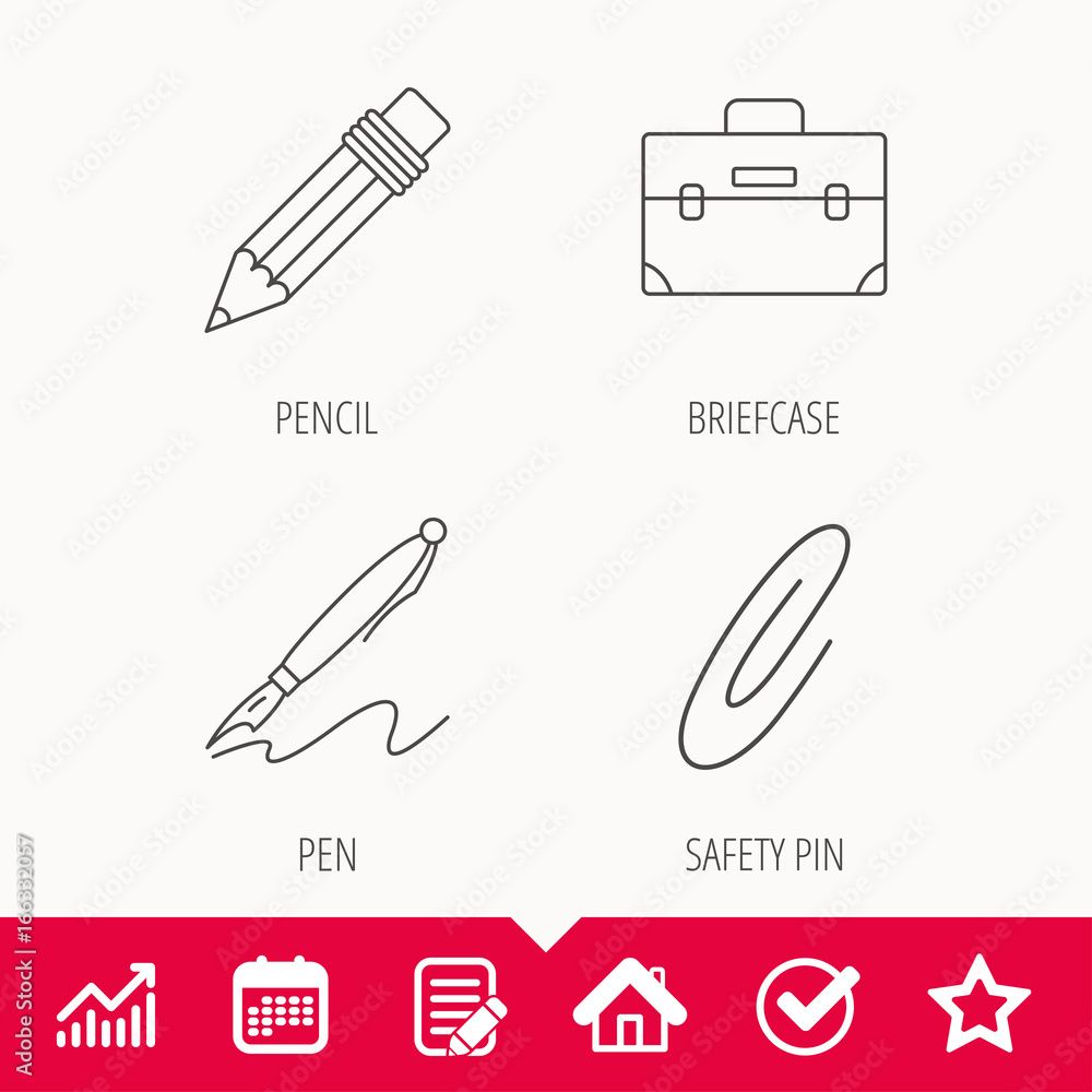 Briefcase, pencil and safety pin icons. Pen linear sign. Edit document, Calendar and Graph chart signs. Star, Check and House web icons. Vector Briefcase, pencil and safety pin icons. Pen linear sign. Edit document, Calendar and Graph chart signs. Star, Check and House web icons. Vector