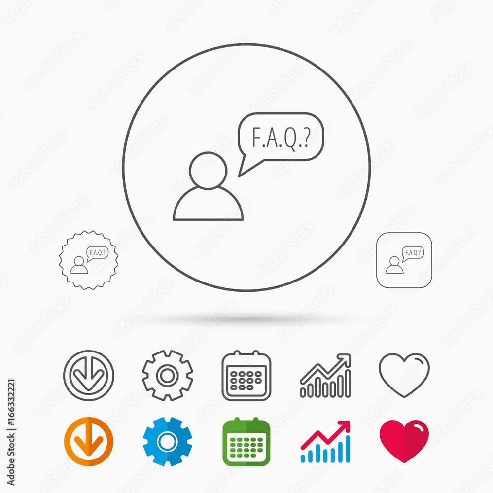 FAQ service icon. Support speech bubble sign. Human symbol. Calendar, Graph chart and Cogwheel signs. Download and Heart love linear web icons. Vector FAQ service icon. Support speech bubble sign. Human symbol. Calendar, Graph chart and Cogwheel signs. Download and Heart love linear web icons. Vector