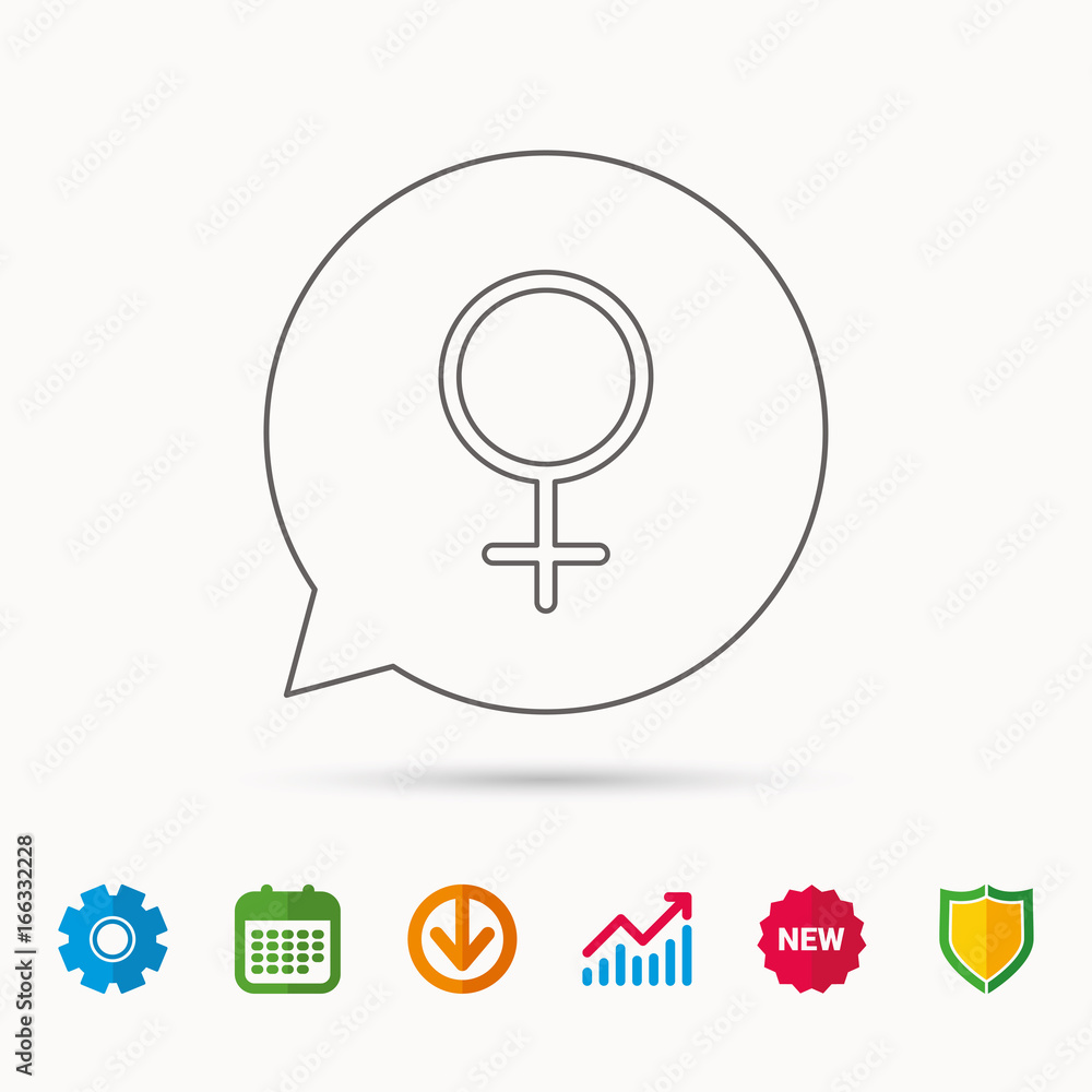 Female icon. Women sex sign. Calendar, Graph chart and Cogwheel signs. Download and Shield web icons. Vector Female icon. Women sex sign. Calendar, Graph chart and Cogwheel signs. Download and Shield web icons. Vector