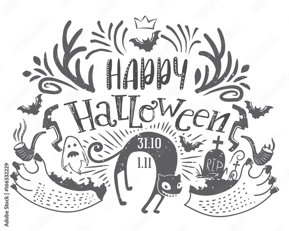 Obraz premium Happy Halloween lettering greeting card with Horns, ghost, wild cat, grave. Hand drawn typography for horror holiday
