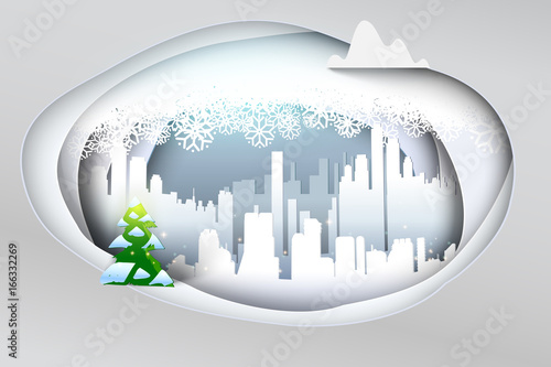 Paper art Winter Snow Urban Countryside Landscape with Christmas evergreen tree. Paper cut layers with cloud of snowflakes. Snowy cityscape banner. Paper design of Holidays urban scene