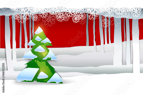 Paper art Winter Snow forest Landscape with Christmas evergreen tree. Red paper cut layers with cloud of snowflakes. Snowy cityscape banner. Paper design of Holidays nature