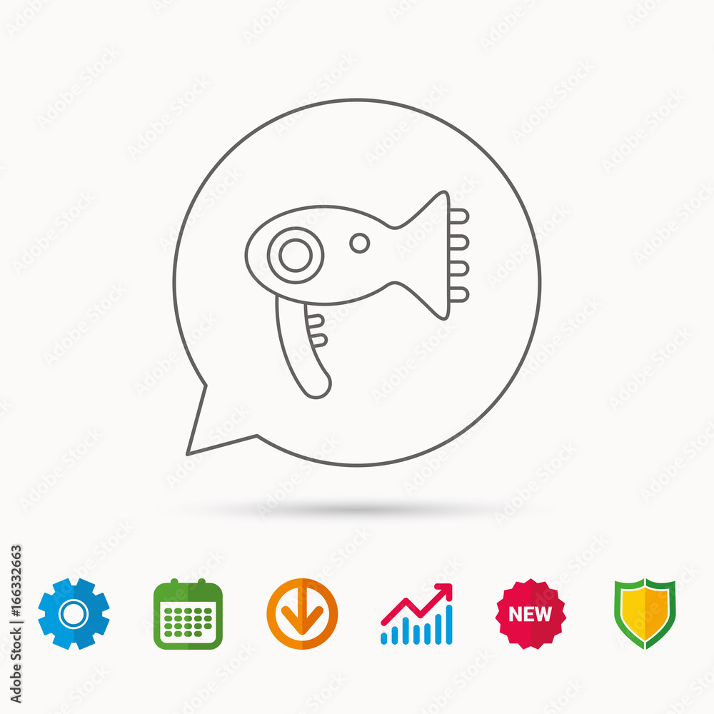 Hairdryer icon. Electronic blowdryer sign. Hairdresser equipment symbol. Calendar, Graph chart and Cogwheel signs. Download and Shield web icons. Vector Hairdryer icon. Electronic blowdryer sign. Hairdresser equipment symbol. Calendar, Graph chart and Cogwheel signs. Download and Shield web icons. Vector