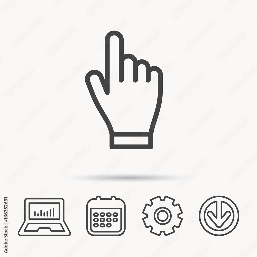 Click hand icon. Press or push pointer sign. Notebook, Calendar and Cogwheel signs. Download arrow web icon. Vector Click hand icon. Press or push pointer sign. Notebook, Calendar and Cogwheel signs. Download arrow web icon. Vector