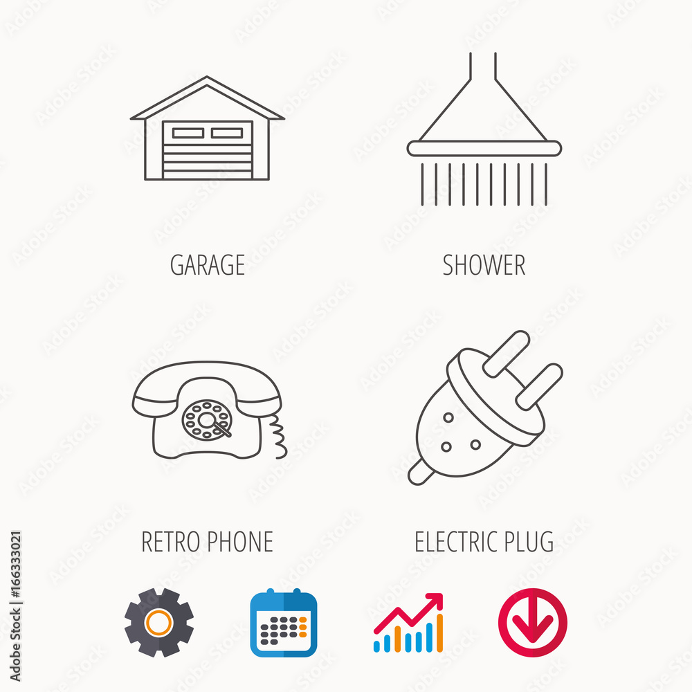 Retro phone, garage and electric plug icons. Shower linear sign. Calendar, Graph chart and Cogwheel signs. Download colored web icon. Vector