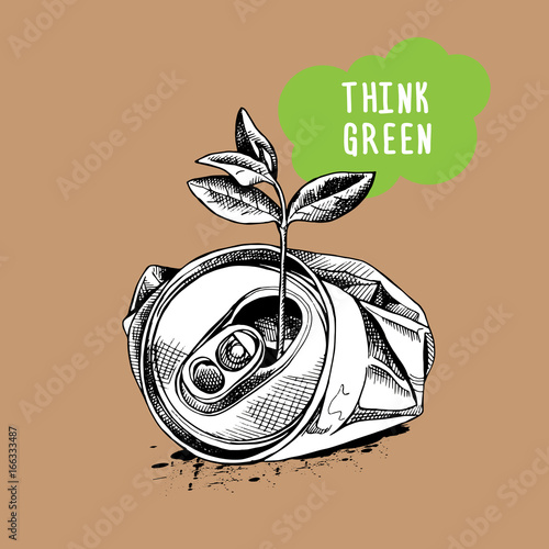 Crushed aluminum can and sprig. Vector illustration.