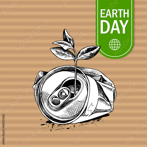 Crushed aluminum can and sprig. Vector illustration.