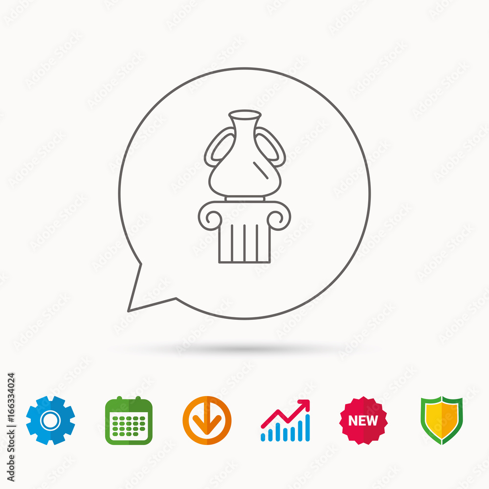 Museum icon. Antique vase on pillar sign. Calendar, Graph chart and Cogwheel signs. Download and Shield web icons. Vector