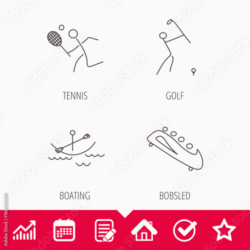 Boating, tennis and golf icons. Bobsled linear sign. Edit document, Calendar and Graph chart signs. Star, Check and House web icons. Vector