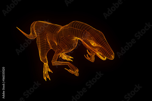 Dinosaur Raptor Velociraptor in Hologram Wireframe Style. Nice 3D Rendering  