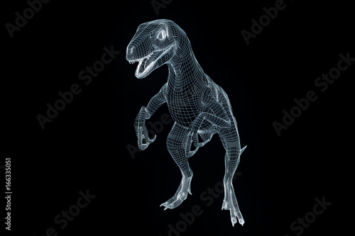 Dinosaur Raptor Velociraptor in Hologram Wireframe Style. Nice 3D Rendering  