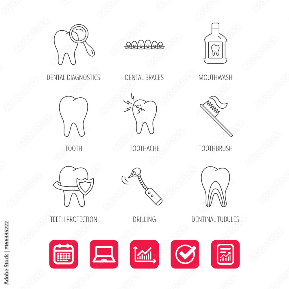 Tooth, dental braces and mouthwash icons. Diagnostics, toothbrush and toothache linear signs. Dentinal tubules, protection flat line icons. Report document, Graph chart and Calendar signs. Vector Tooth, dental braces and mouthwash icons. Diagnostics, toothbrush and toothache linear signs. Dentinal tubules, protection flat line icons. Report document, Graph chart and Calendar signs. Vector