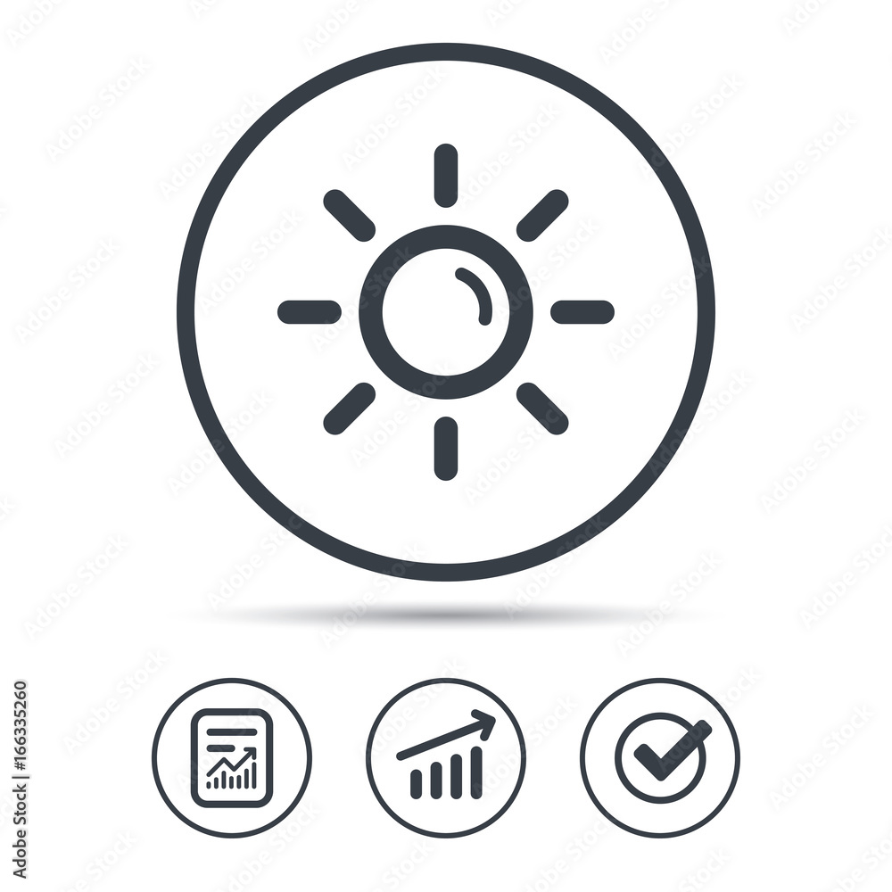 Sun icon. Sunny weather symbol. Report document, Graph chart and Check signs. Circle web buttons. Vector