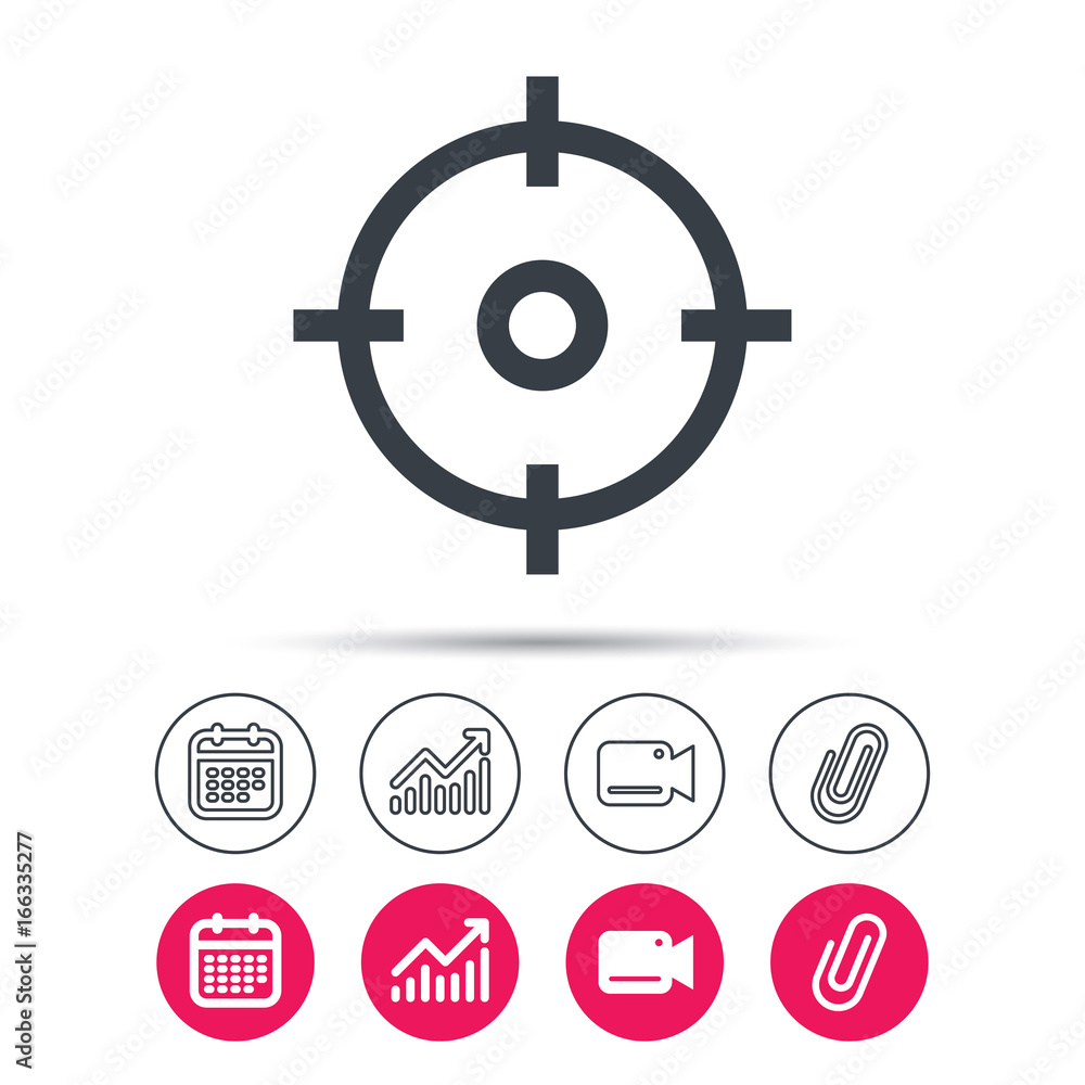 Target icon. Crosshair aim symbol. Statistics chart, calendar and video camera signs. Attachment clip web icons. Vector