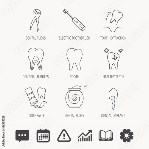 Tooth extraction, electric toothbrush icons. Dental implant, floss and dentinal tubules linear signs. Toothpaste icon. Education book, Graph chart and Chat signs. Vector