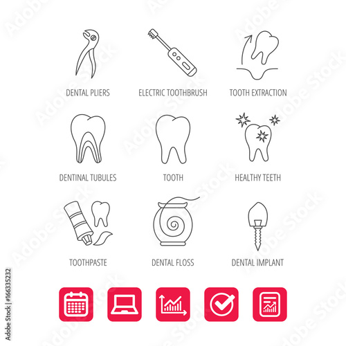 Tooth extraction, electric toothbrush icons. Dental implant, floss and dentinal tubules linear signs. Toothpaste icon. Report document, Graph chart and Calendar signs. Laptop and Check web icons