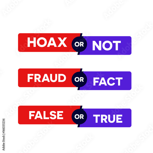 Label bar with caption hoax, fact, fact, false, or true and magnifying glass zooming the text