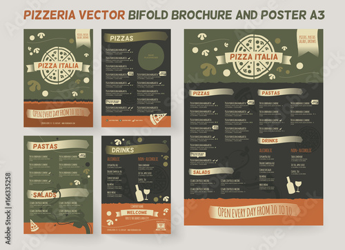 Pizzeria menu brochure template. Vector brochure design, modern cover layout for posters and flyers. Professional design with hand-drawn elements for bifold brochure to pizza restaurant price list.