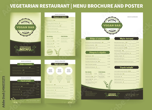 Restaurant menu brochure template. Vector design, modern cover layout for posters and flyers. Professional design with hand-drawn elements for bifold brochure to vegetarian restaurant price list.