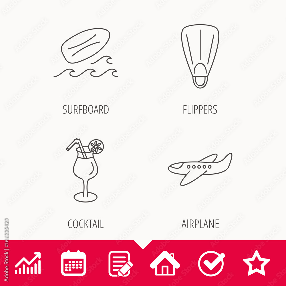 Surfboard, waves and cocktail icons. Flippers, airplane linear sign. Edit document, Calendar and Graph chart signs. Star, Check and House web icons. Vector Surfboard, waves and cocktail icons. Flippers, airplane linear sign. Edit document, Calendar and Graph chart signs. Star, Check and House web icons. Vector
