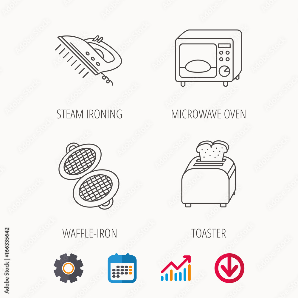 Microwave oven, waffle-iron and toaster icons. Steam ironing linear sign. Calendar, Graph chart and Cogwheel signs. Download colored web icon. Vector Microwave oven, waffle-iron and toaster icons. Steam ironing linear sign. Calendar, Graph chart and Cogwheel signs. Download colored web icon. Vector