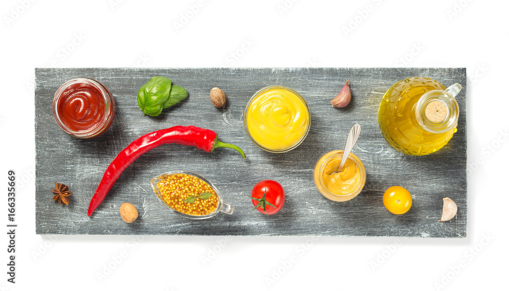 tomato sauce and mustard on white - obrazy, fototapety, plakaty 