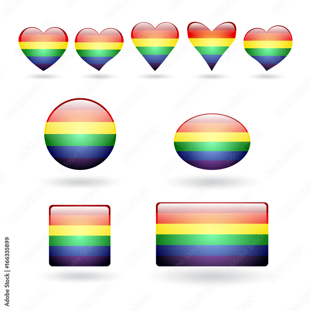 A set of gay pride symbols with a rainbow flag coloring. 3D buttons on a white background. Vector illustration.
A set of gay pride symbols with a rainbow flag coloring. 3D buttons on a white background. Vector illustration.