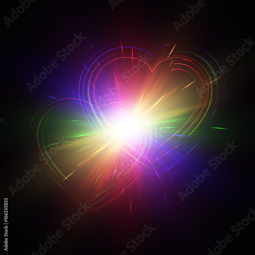 Rainbow hearts with light effects on a dark backdrop. Vector illustration.
