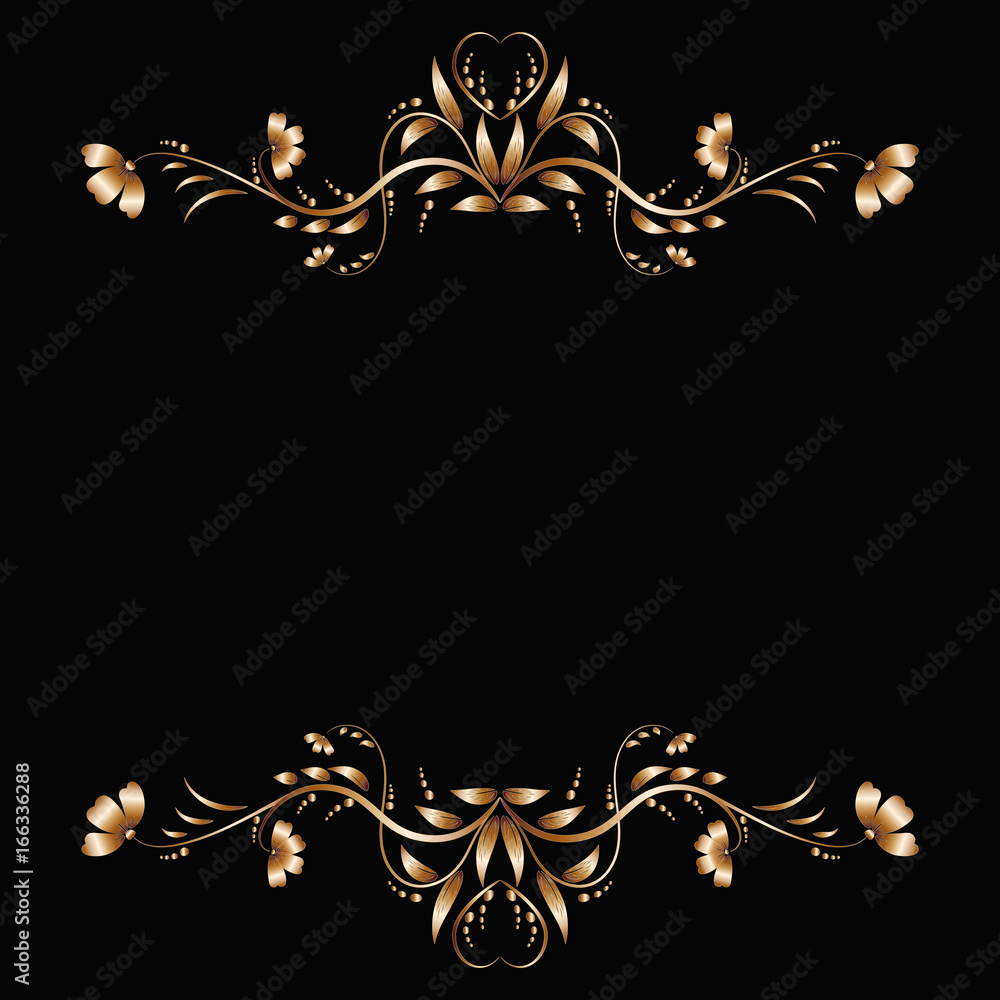 Gold border with a brilliant floral pattern on a black background for congratulations, decoration of banners or promotional offers
