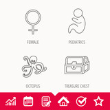 Female, treasure chest and pediatrics icons. Octopus linear sign. Edit document, Calendar and Graph chart signs. Star, Check and House web icons. Vector