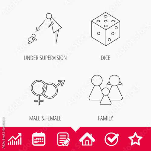 Male, female, dice and family icons. Under supervision linear sign. Edit document, Calendar and Graph chart signs. Star, Check and House web icons. Vector
