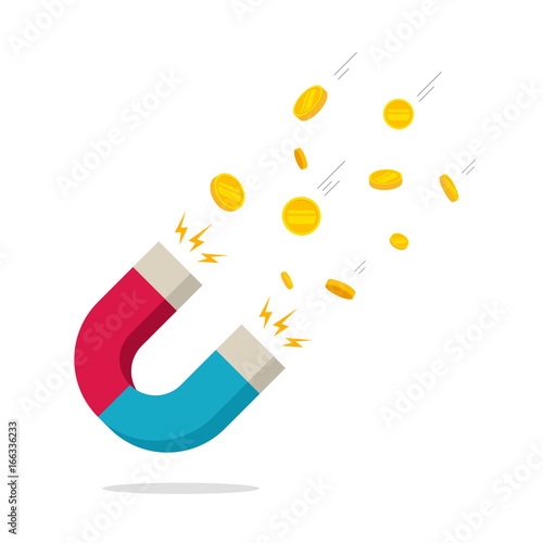Magnet money vector illustration isolated on white background, flat cartoon magnet power attracting golden coins cash, concept of magnetic wealth power, success strategy attraction