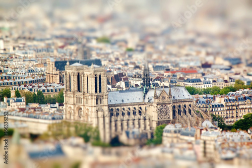 Aerial view of Notre-Dame de Paris. Miniature tilt shift lens effect